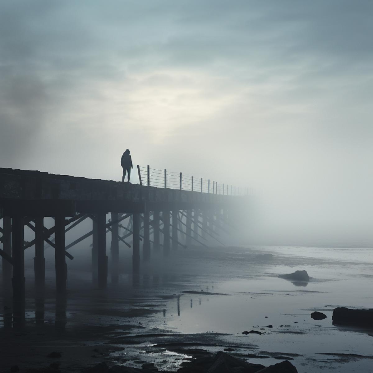 Along an abandoned pier, a solitary figure leans against a rusted railing, gazing out at the expansive, fog-shrouded ocean. The monochromatic palette of grays and blues intensifies the feeling of suffocating loneliness, as the figure confronts the vast, unseen expanse, searching for connection amidst the haunting stillness.