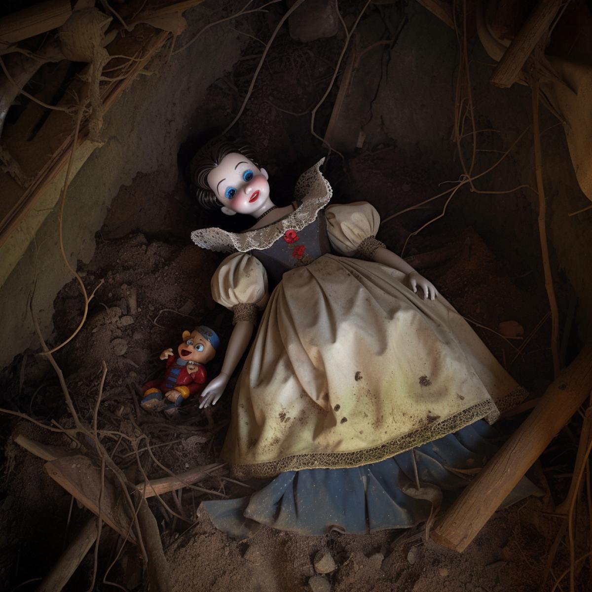 Disney style, deep hole, dead doll at the bottom, photograph