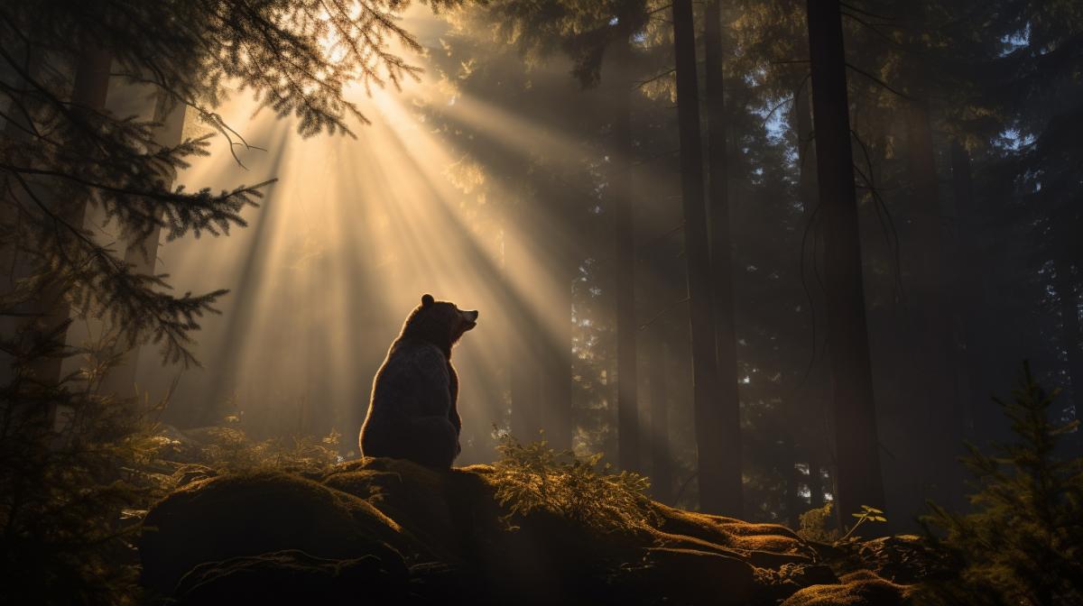 Illustrate the suns rays piercing through the fog in a pine forest Illuminates the lonely bear cub, creating a mystical and ethereal scene as light and shadow play amongst the towering trees