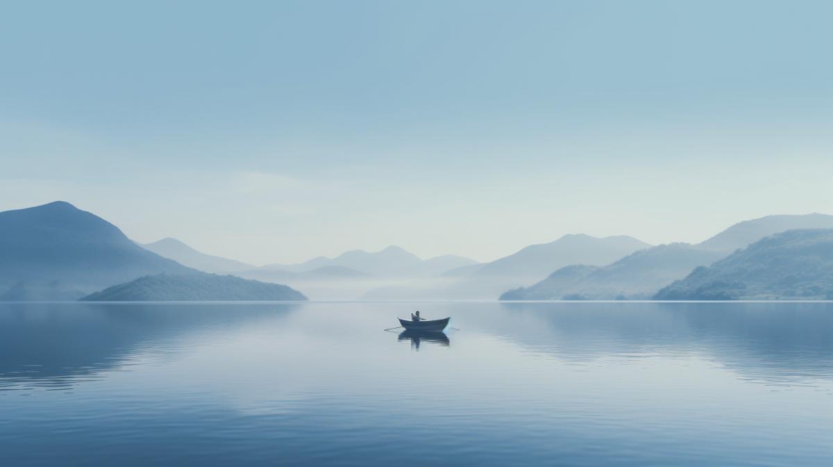A lone boat in the middle of a wide river, Subtle simplicity, clean lines, restrained palette, uncluttered com4k, muted mastery