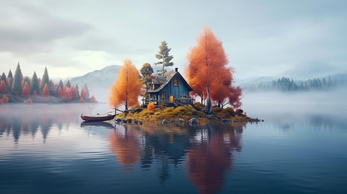 isolated tiny house on an island in a lake, morning fog, mist, northern nature, beautifully color-coded, photorealistic, highly detailed