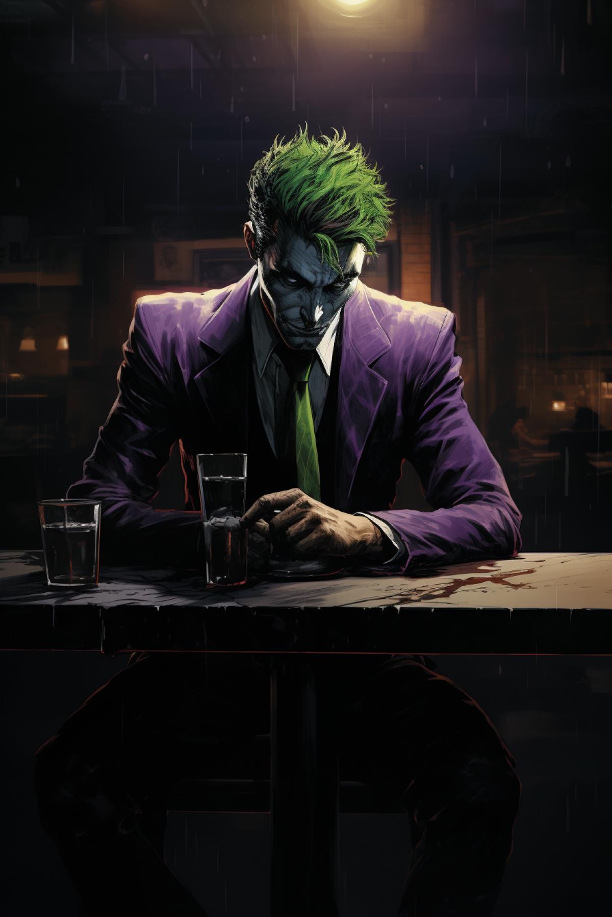 Loneliness, Joker, sitting in a bar, whiskey, dressed in a purple business suit, green hair, high detail, good quality, 4K, comic art, atmosphere of hopelessness, despair, depression