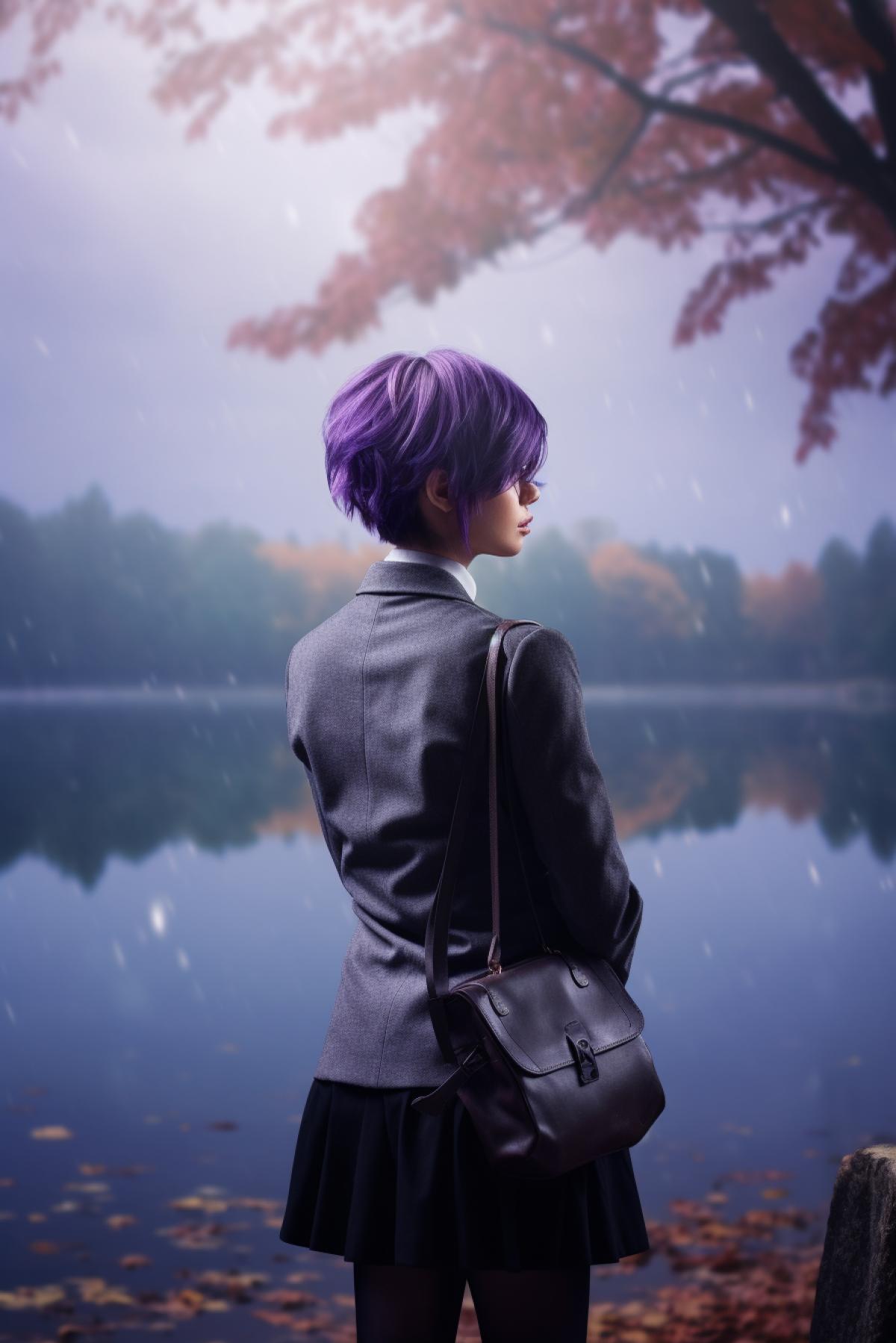 Sad gray park by the lake, rain, beautiful 35 years old woman sitting on a bench, purple short hair, business suit, Japanese style, anime drawing, oppressive atmosphere of loneliness