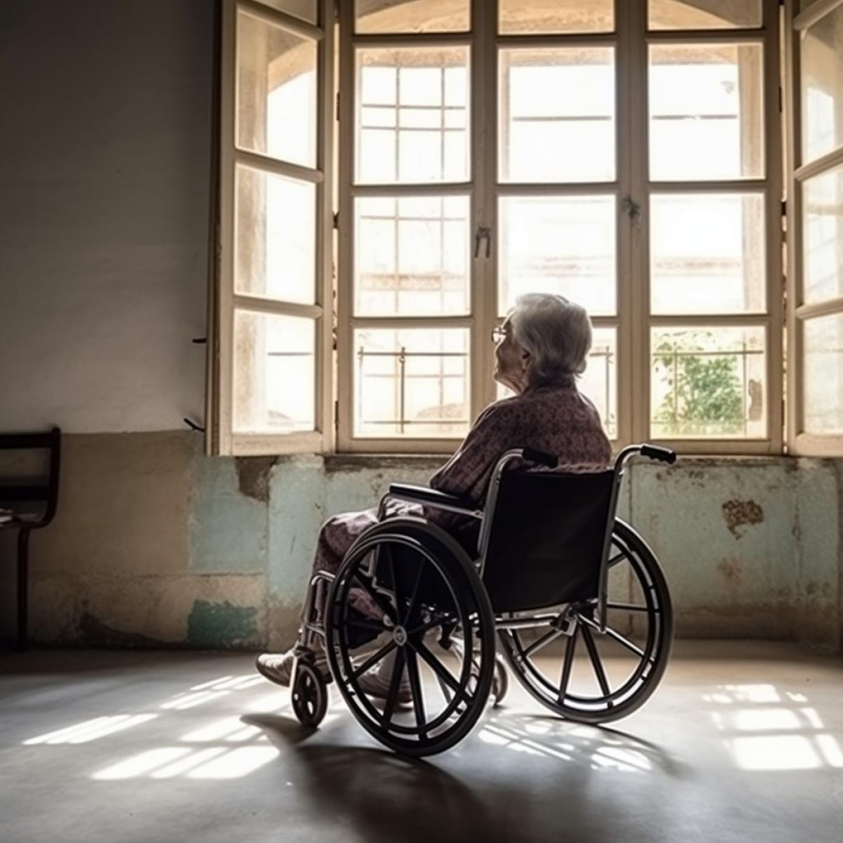 An old woman in a wheelchair alone in white room, alzheimer