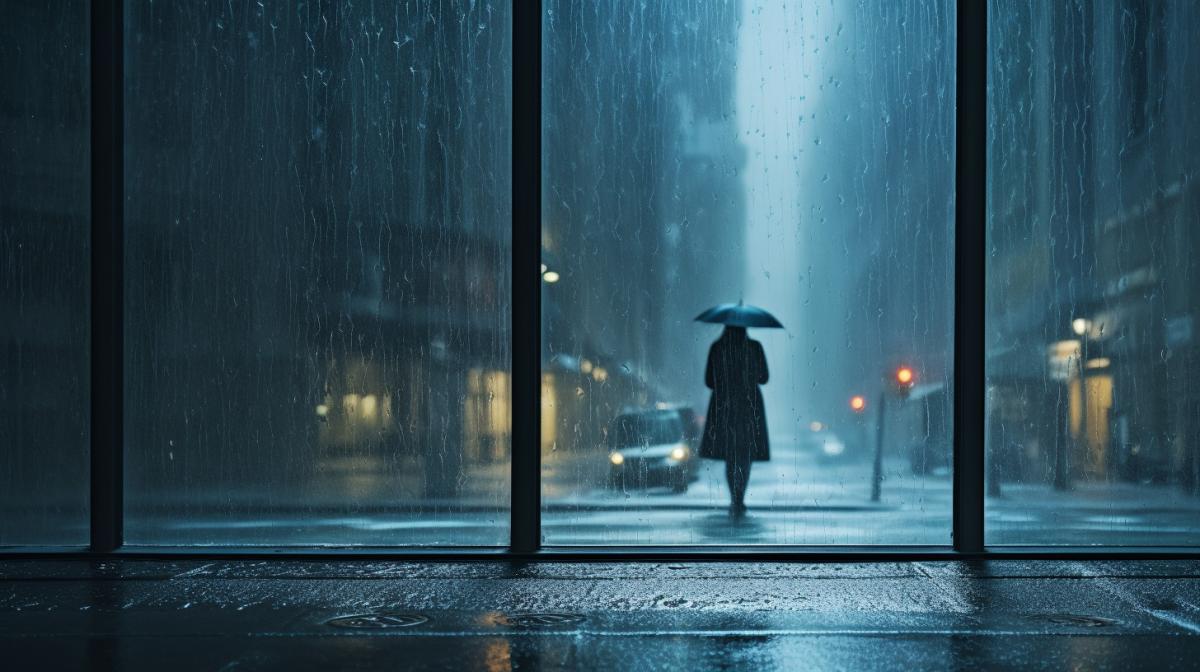 misty Blue glwindow raindrops condensation overlooking A lone figure on the street