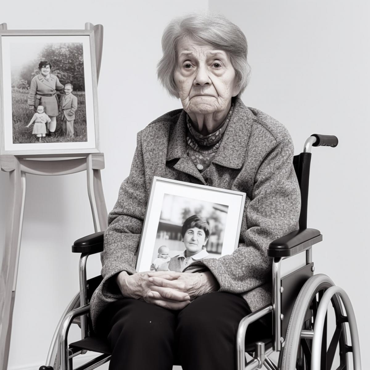 An old woman in a wheelchair alone in white room, alzheimer, a woman holds a picture of her big family in the hand, employ eyes, loneliness, despair, professional photo