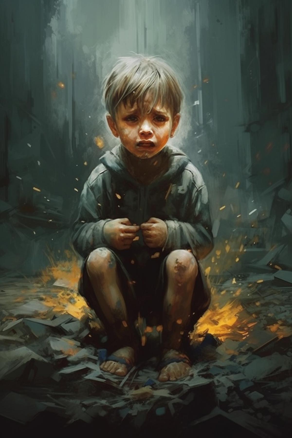 A little boy is crying and everything behind him is destroyed