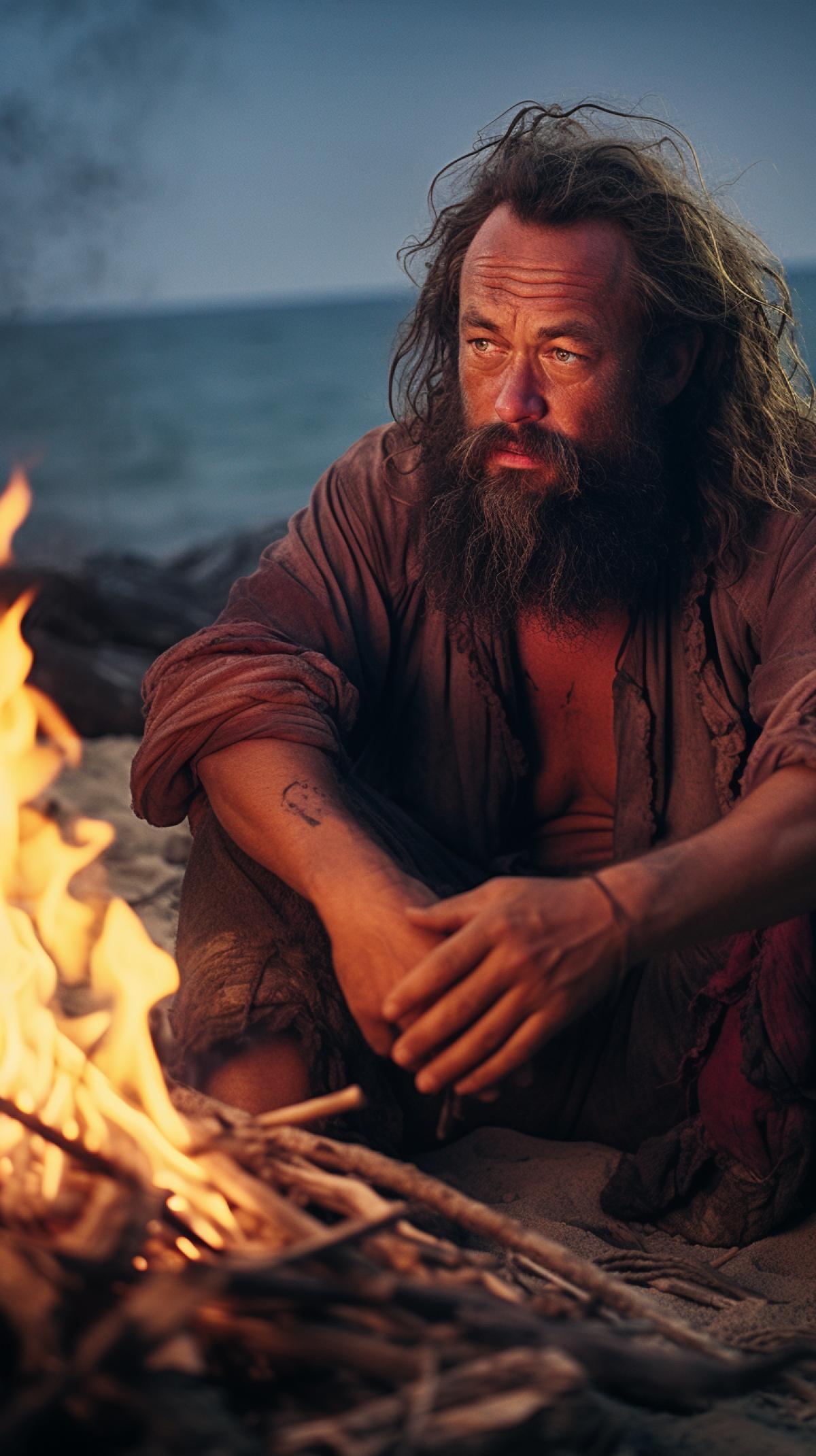Tom Hanks as a castaway, bearded and with long, unkempt hair, portraying the character from the movie Cast Away. He sits by a campfire on the deserted islands shore, wearing worn-out clothing. Capture the tired expression on Tom Hanks face, emphasizing the isolation and survival theme. Consider a muted color palette, cinematic lighting, and intricate details to convey the harshness of the environment. (by Zemeckis, realistic, cinematic lighting, survival theme)