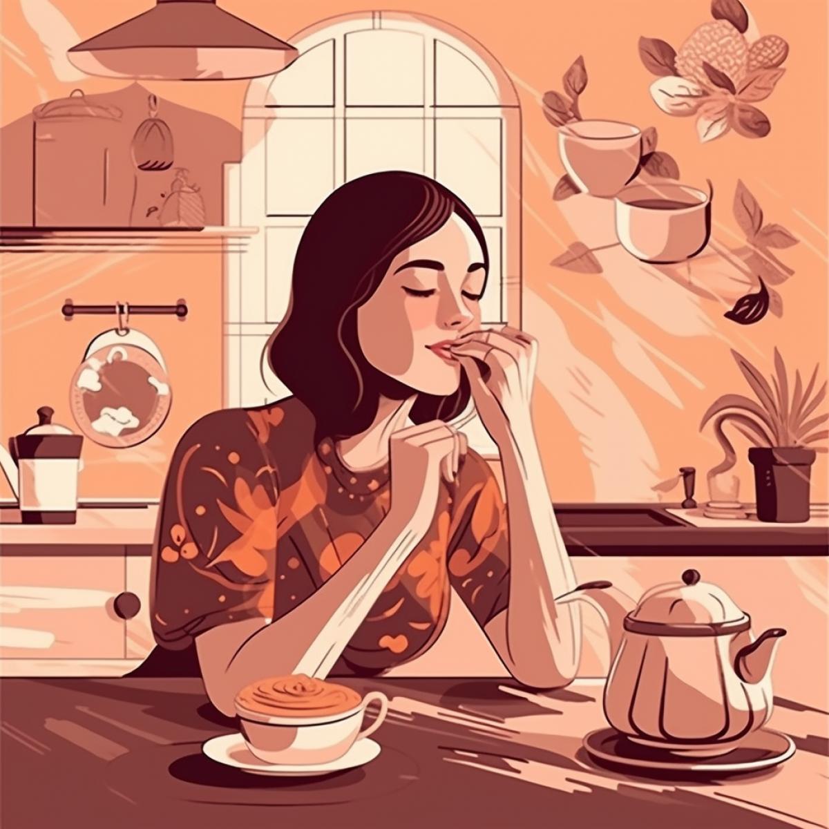A happy mother in the kitchen alone drinks tea with chocolate, there is bliss, silence, calm, joy on her face
