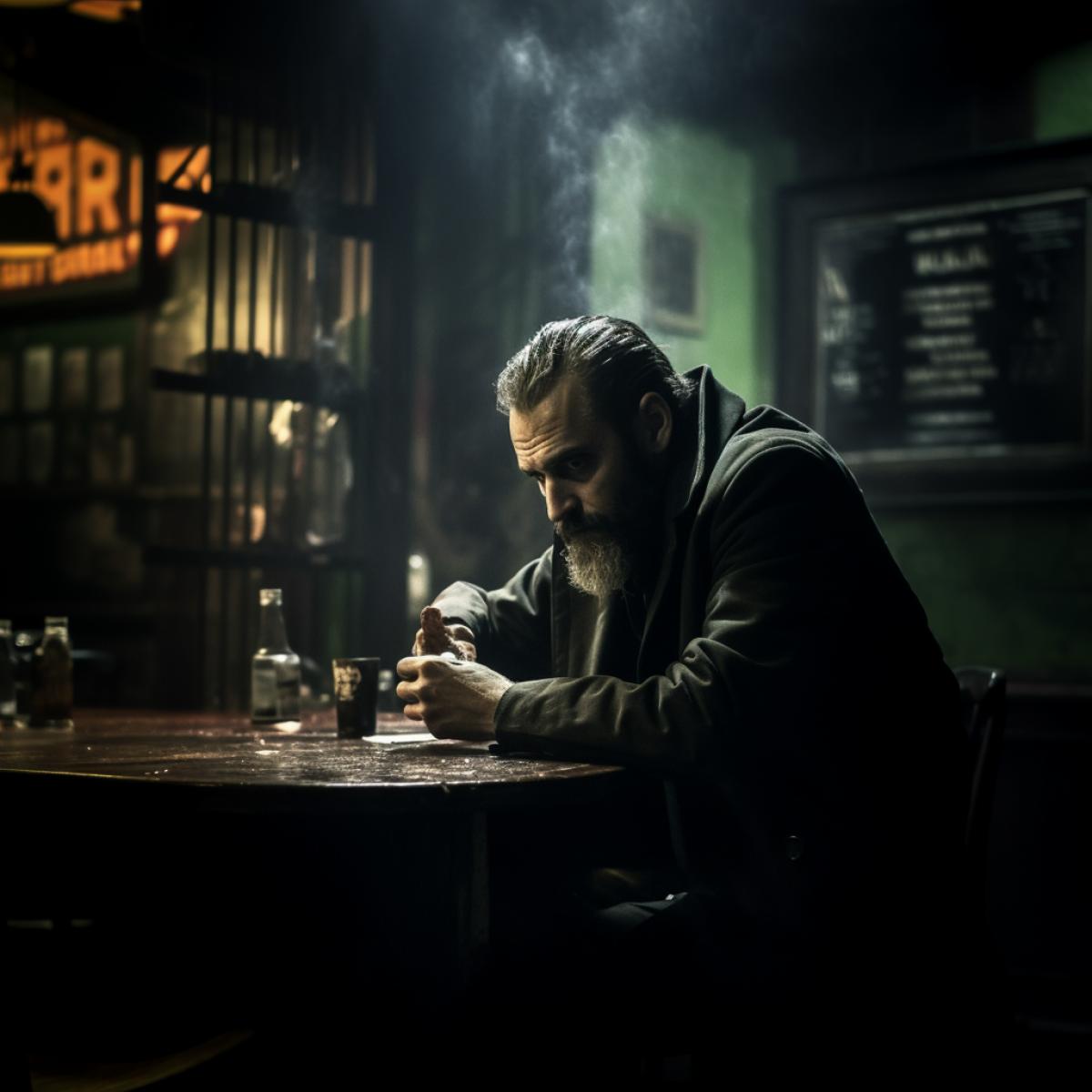 A lonely man drinks beer and smokes cigarettes in a cheap bar, Dramatic scene, noir