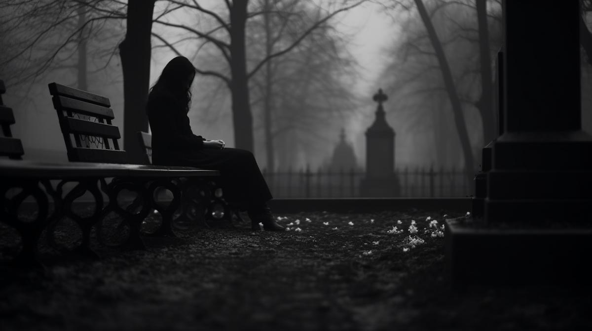 A lonely woman sitting on a bench next to a grave in a cemetery, depressing atmosphere, noir