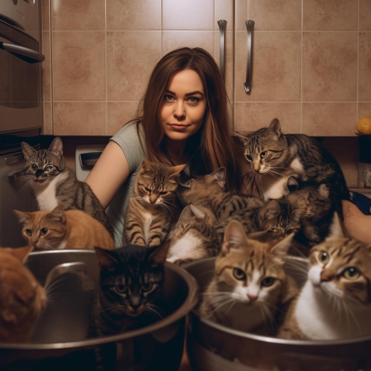 A beautiful girl and a lot of cute cats. Kitchen room. Photo from bottom to top.