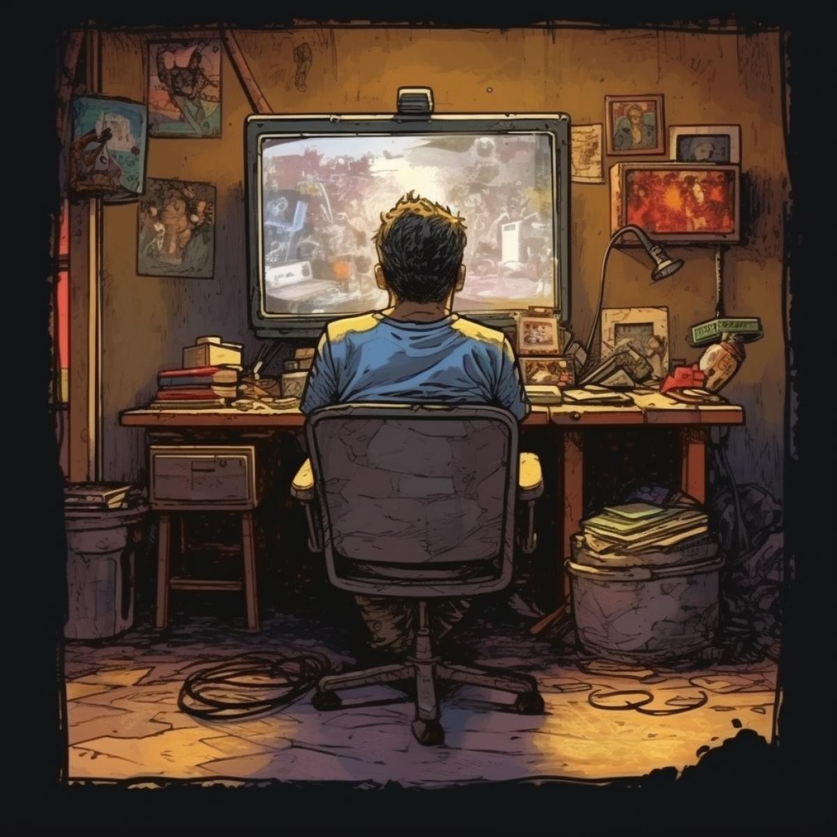 A man in a dirty T-shirt sits on a chair with his back in front of the monitor.