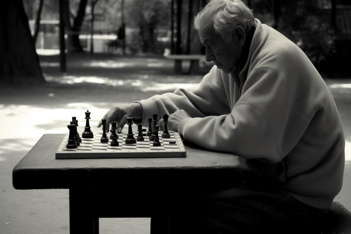 Grandfather plays chess with himself all alone. A very sad photo.