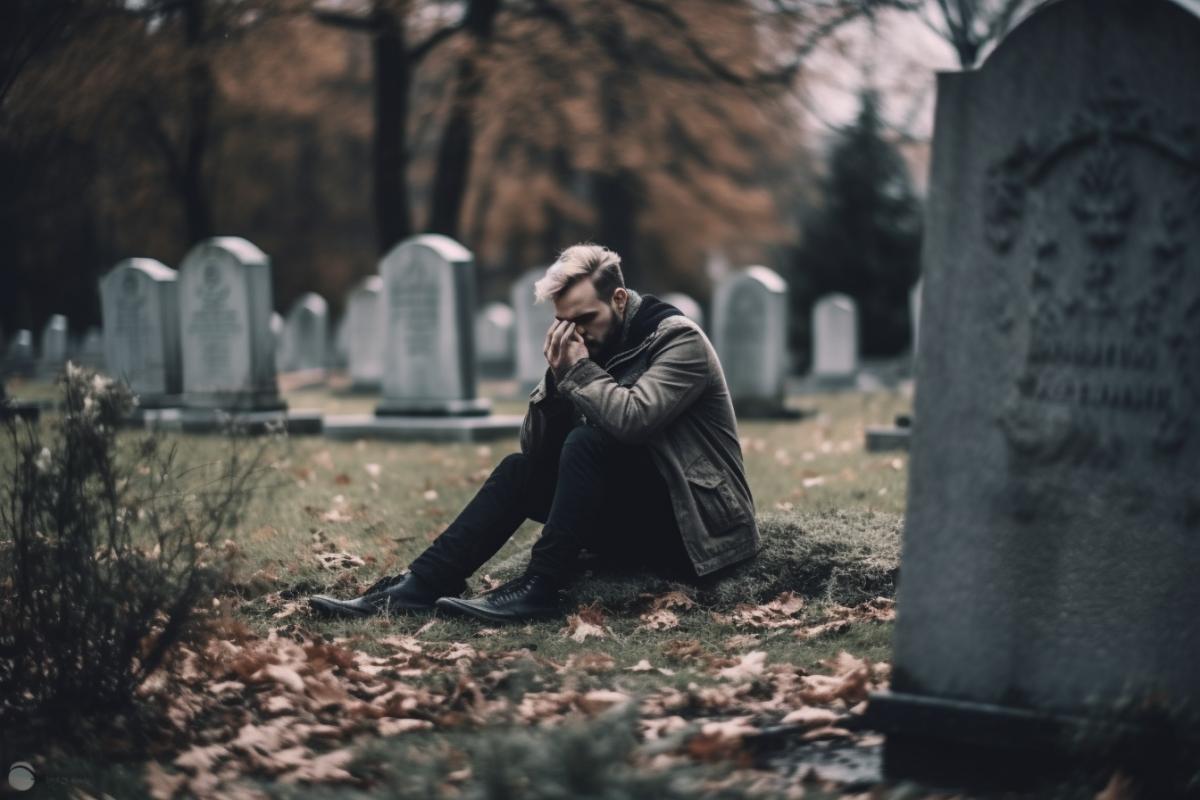 Lonely sad man crying in a cemetery on a grave