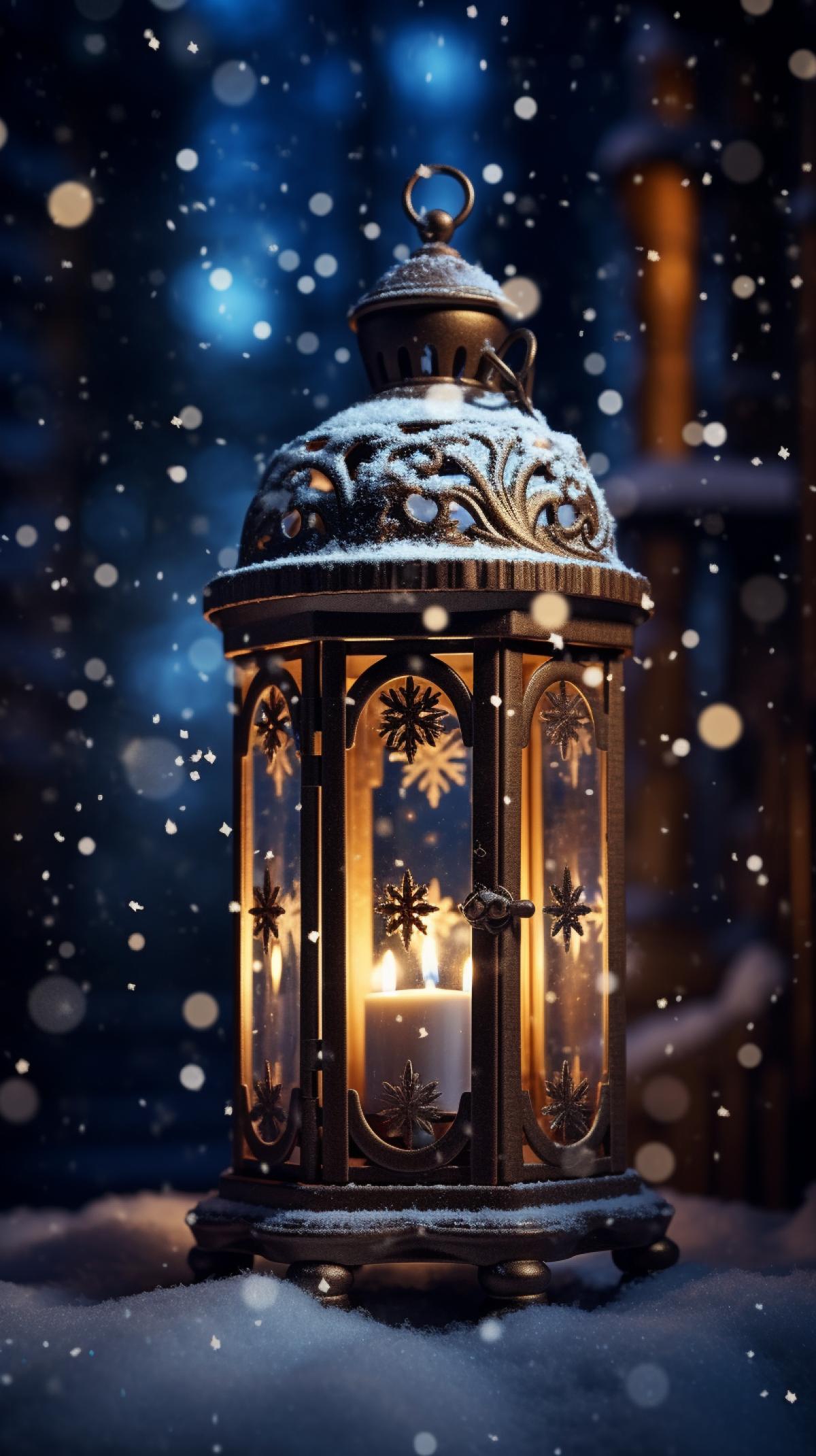 The swirl of snowflakes in the lantern light, night, cozy urban atmosphere, breathtaking