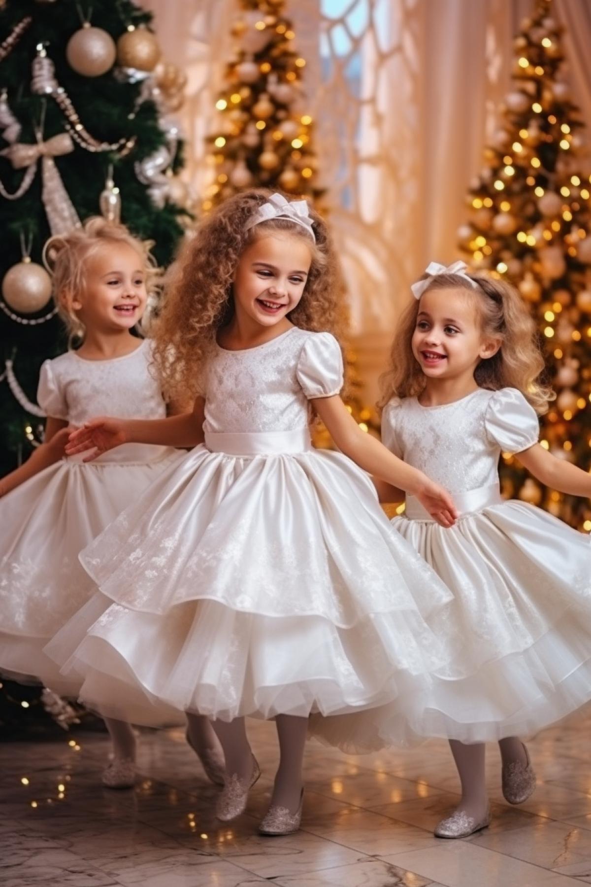Three beautiful little girls wearing carnival costumes of snowflakes dancing around Christmas tree in kindergarten joy happiness of childhood awarded photo