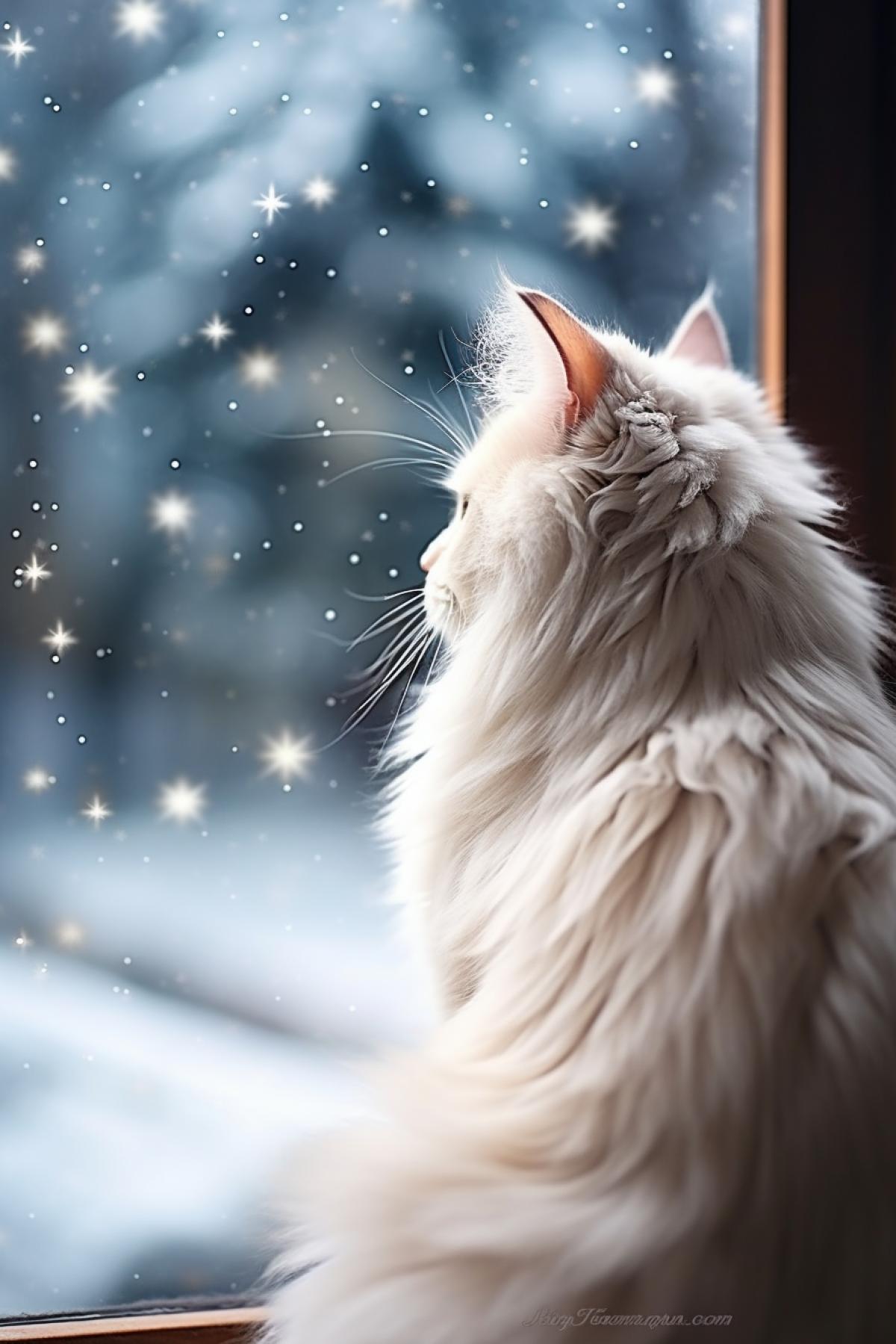 Thoughtful white cat full hight from back view watching beautiful snowflakes falling winter big yard daytime snowdrifts around beauty of each and every snowflake he sees