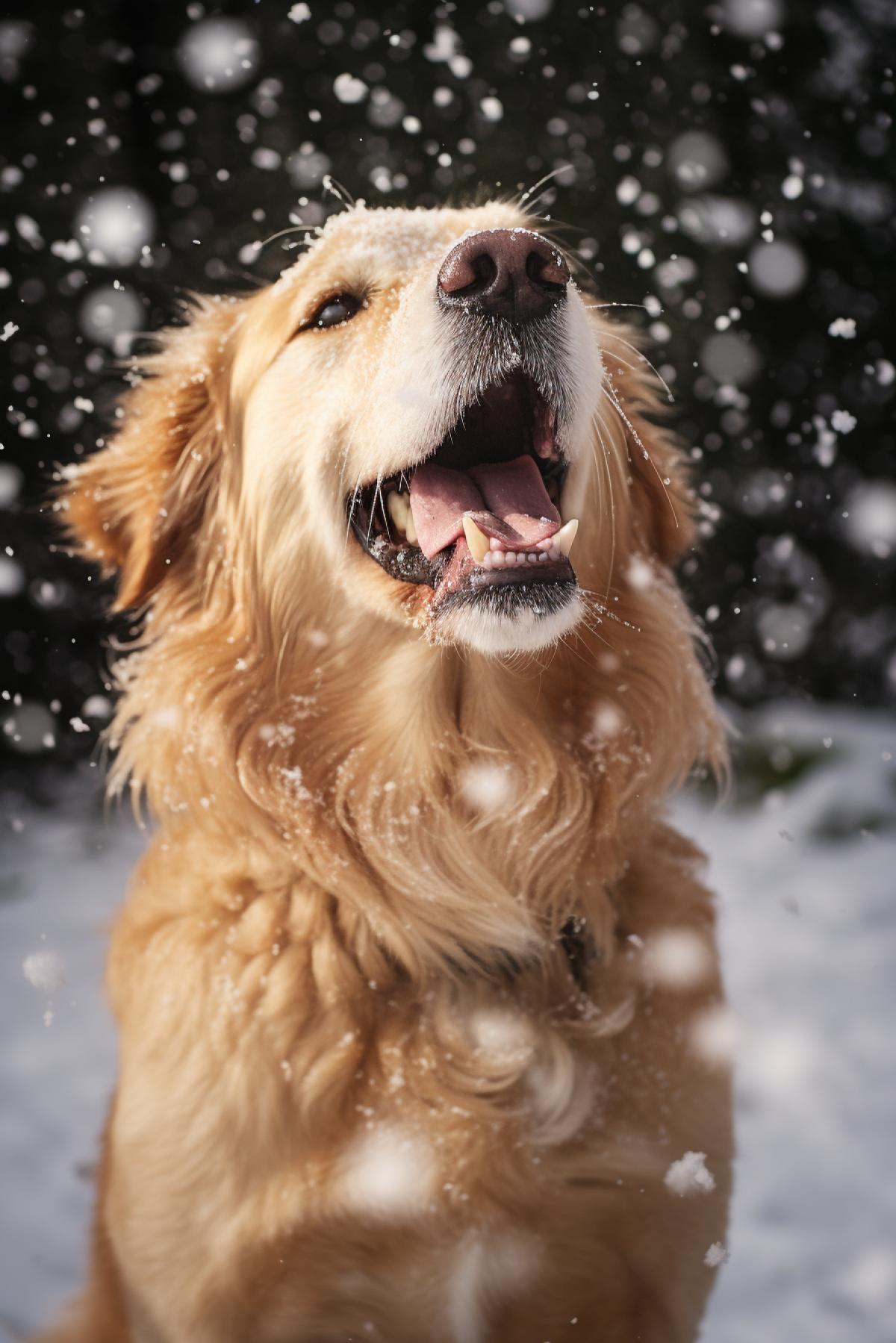 Jolly happy dog catching leaking falling big beautiful snowflakes