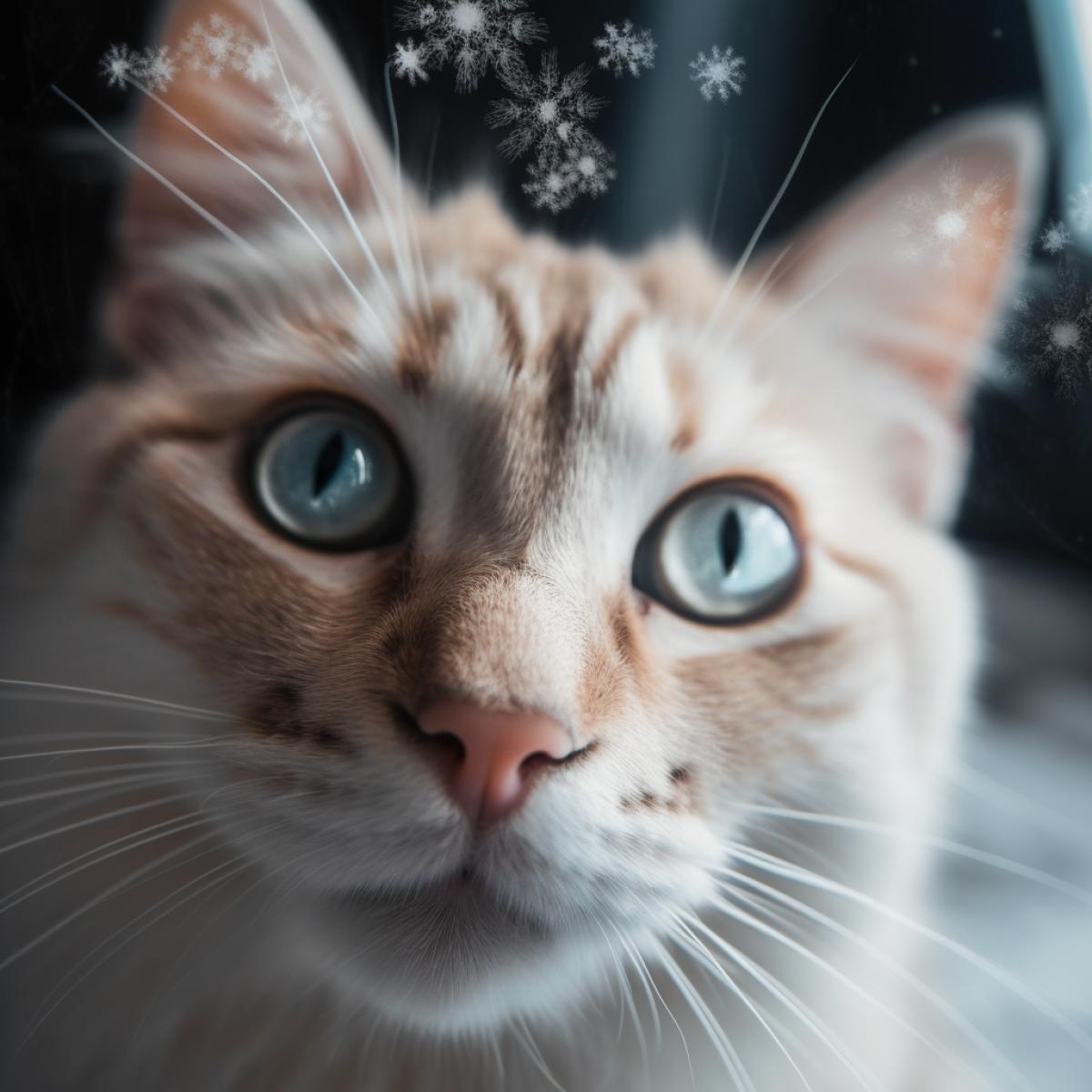 Closeup, Snowflake on the nose of a surprised cat, macro photography, the cats eyes are squinted at the snowflakes meme, only the eye, nose and snowflake in the frame, hyper-realistic, professional photo