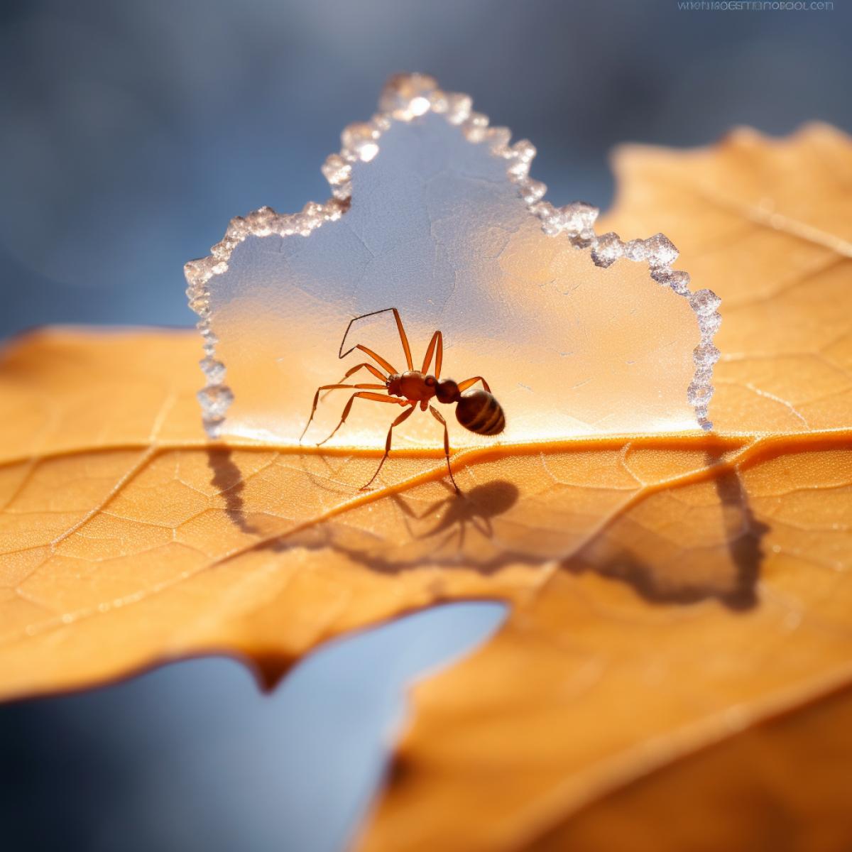 Closeup, an ant studies snowflakes on a fallen autumn leaf, macro photography, only an ant and a snowflake in the frame, hyper-realistic, professional photo