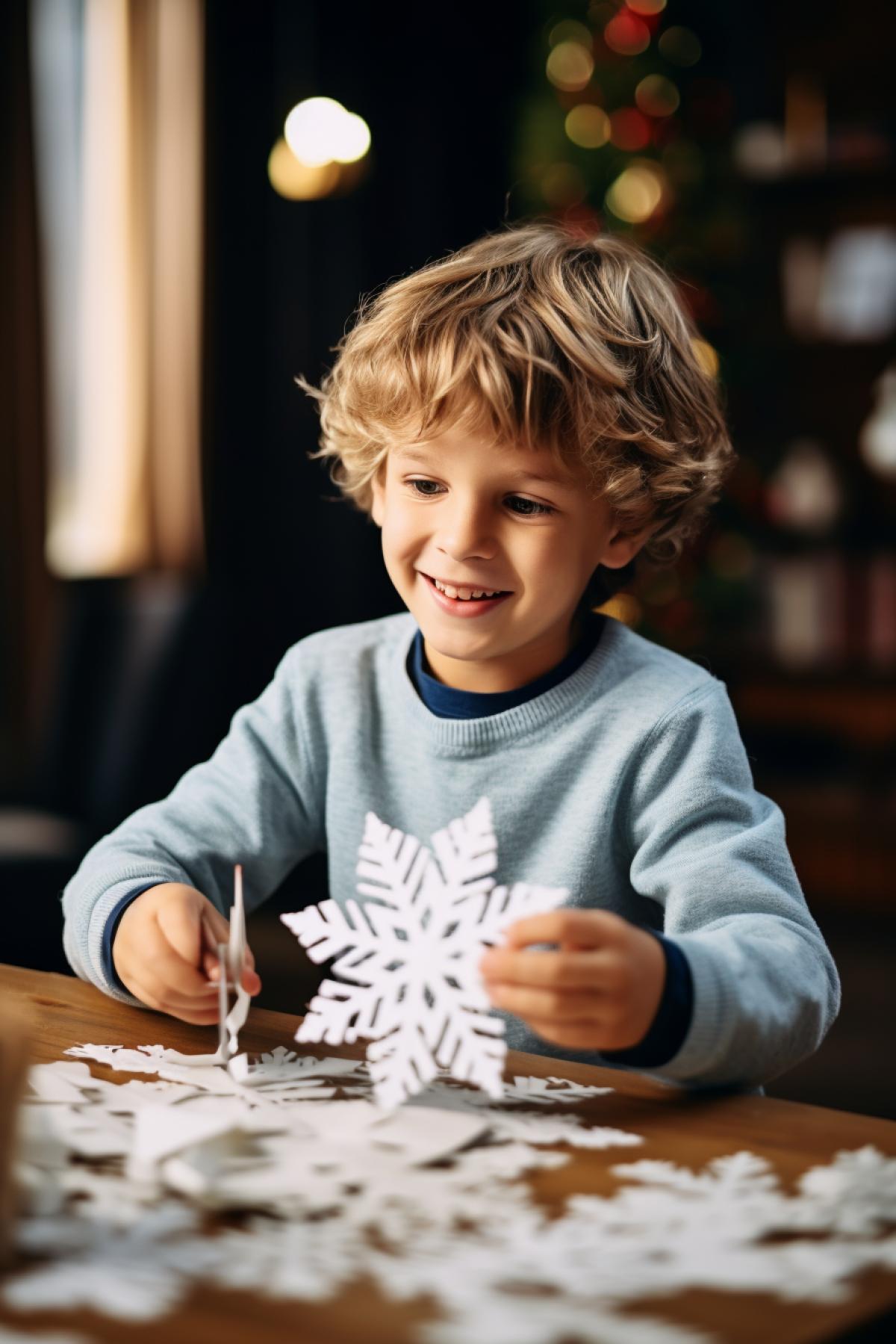 Little smart boy with scissors out paper snowflake