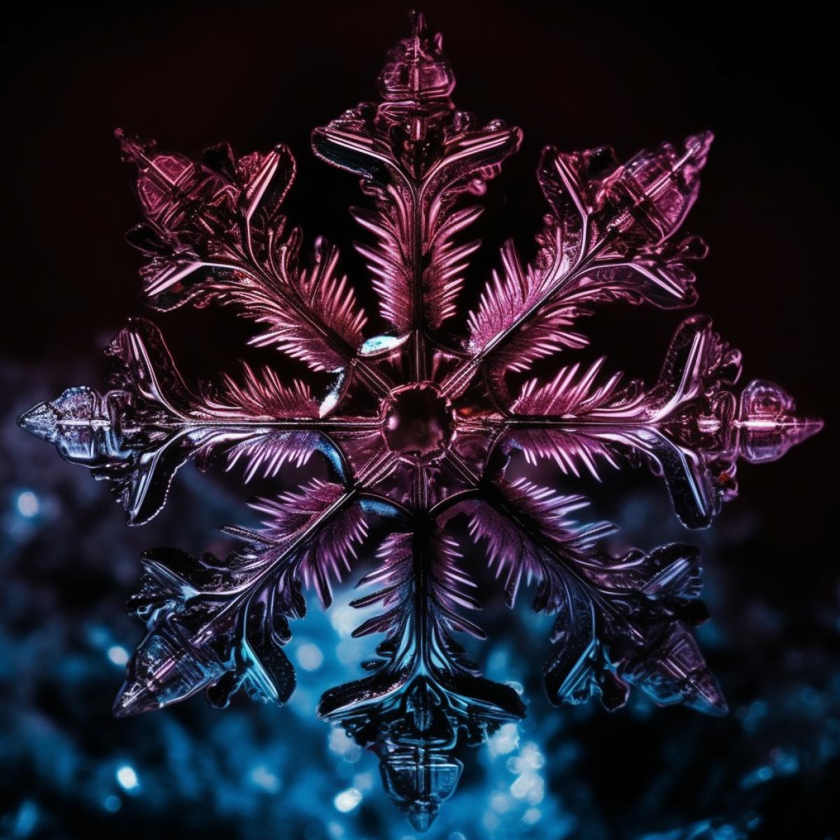 Unusual snowflake, glass, Gothic style, bright and rich colors, photography