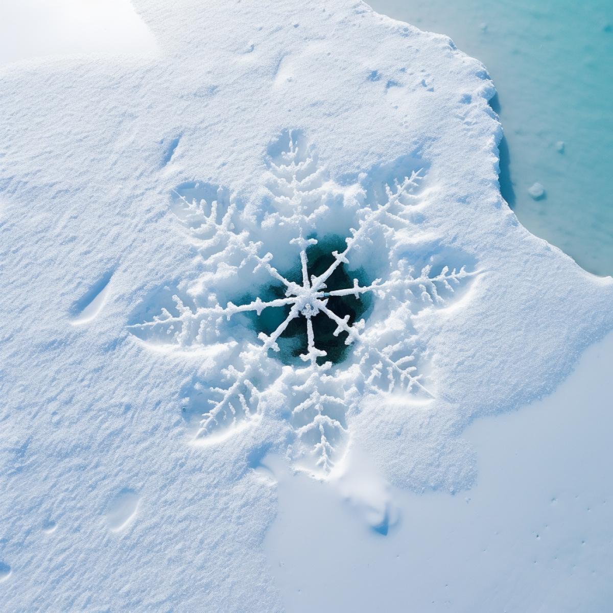 top view of a snow covered ocean with opening shaped like snowflake