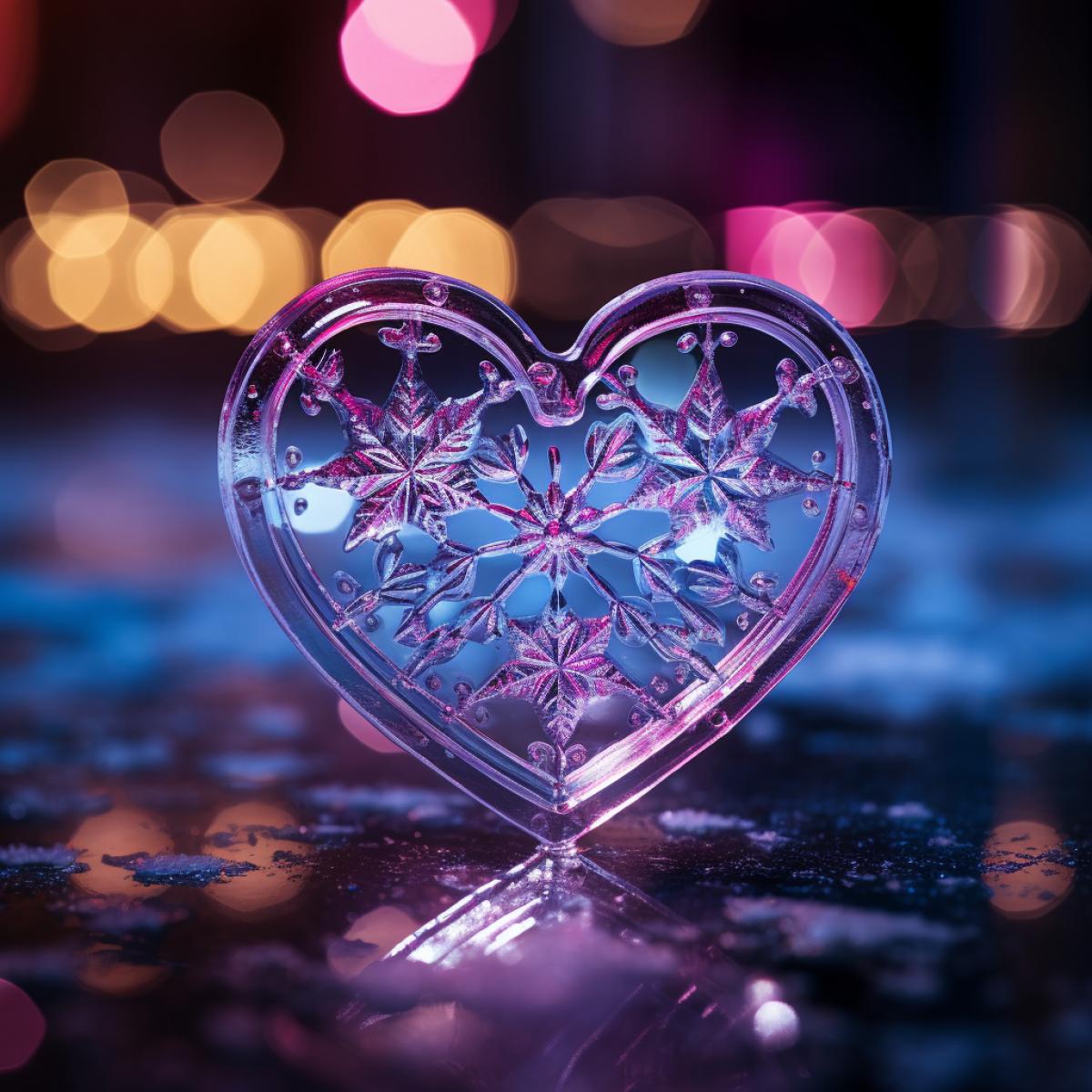 macro photo, closeup shot, rich colors, heart-shaped snowflake, neon lighting