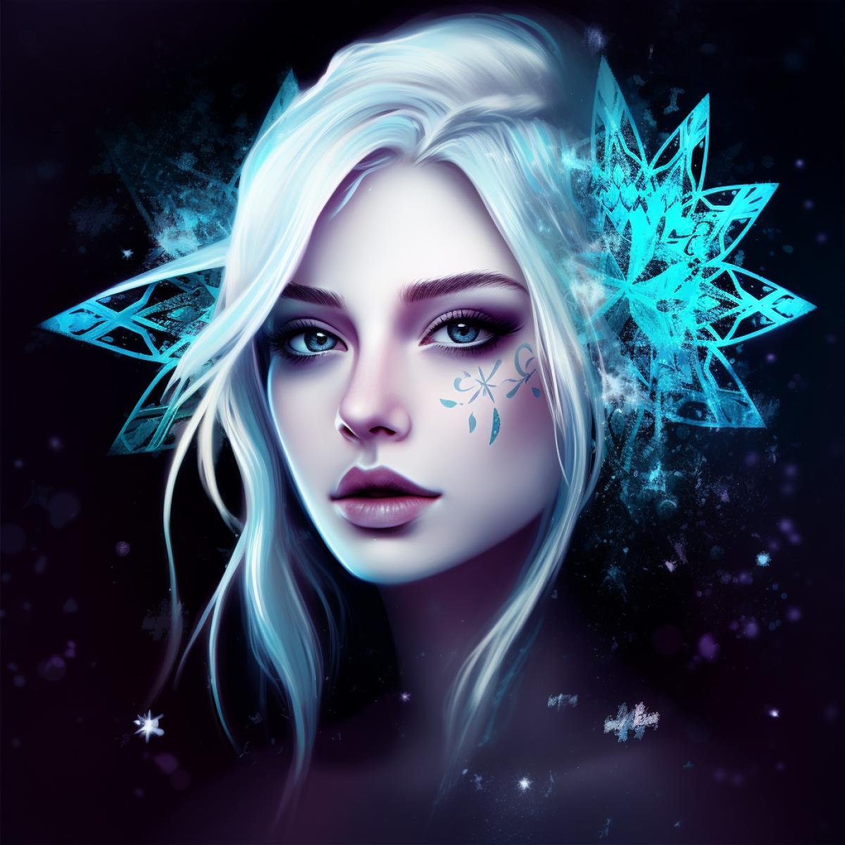 Elsa, unusual snowflake, cartoon style Frozen, gothic style, bright and rich colors, photography