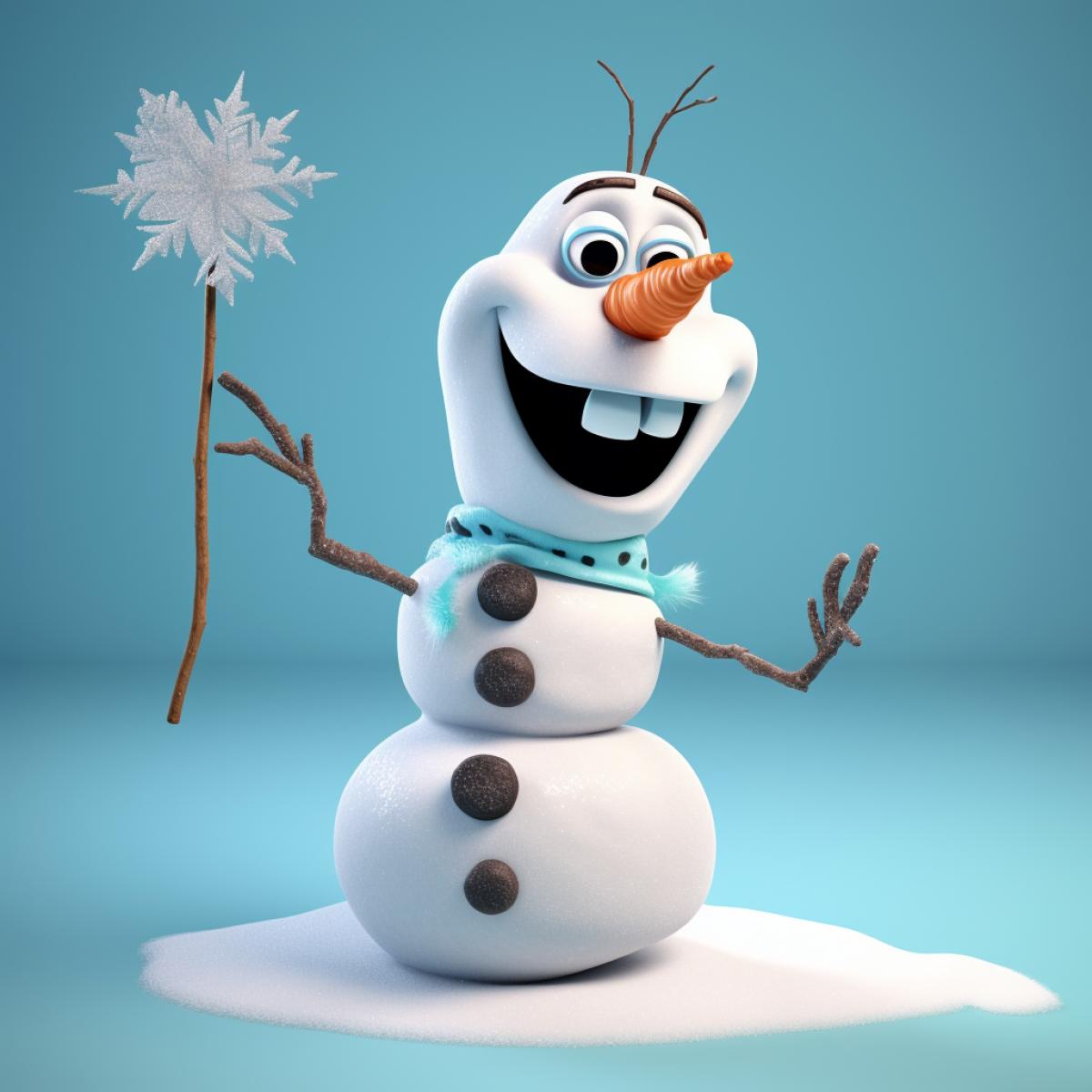 Snowman Olaf plays with a small snowflake, cartoon style Frozen, photo