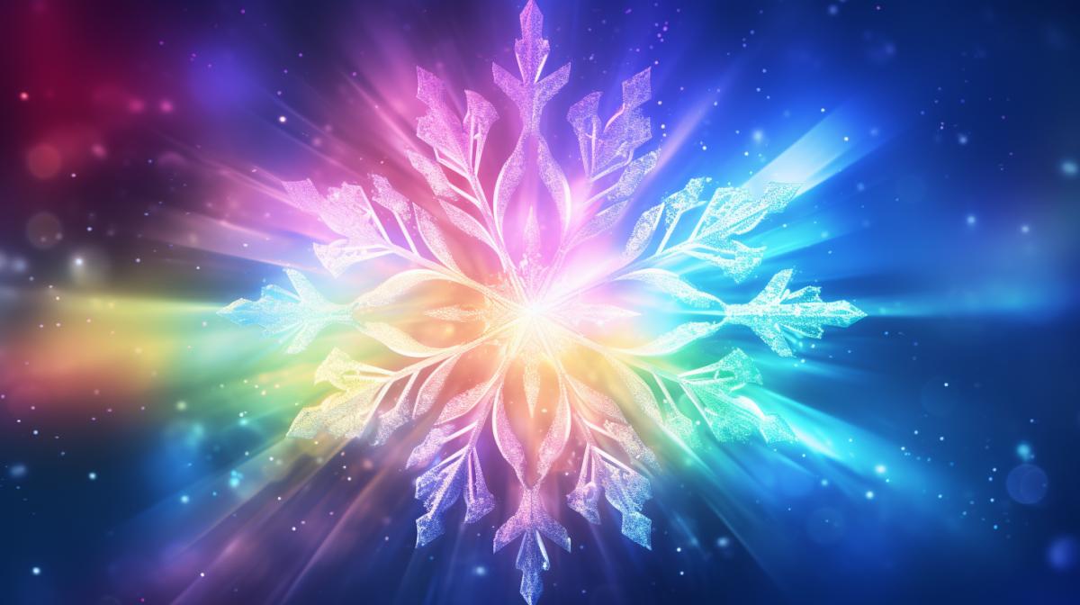 Kirlian Effect, an image of snowflakes in front of a rainbow and light, in the style of zbrush, detailed character illustrations, animated gifs, nocturne, luminous hues, rtx on, vibrant color gradients, ethereal lighting