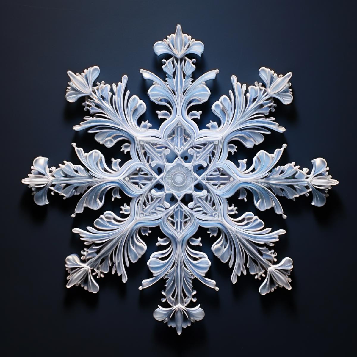 Against a backdrop of snowy landscapes, a collection of diverse snowflakes gently descends, each one a miniature masterpiece. The cold, serene atmosphere is punctuated by the crystalline structures, each exhibiting its own mesmerizing symmetry. The play of light on the surfaces highlights the ephemeral allure of these enchanting winter wonders.
