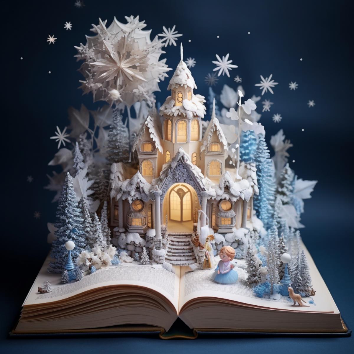 Within the pages of an oversized storybook, tiny characters made of spun sugar delicately craft enchanting snowflakes. Each sugary creation sparkles with magical hues, bringing the storybook world to life in a sugary symphony of winter wonder.