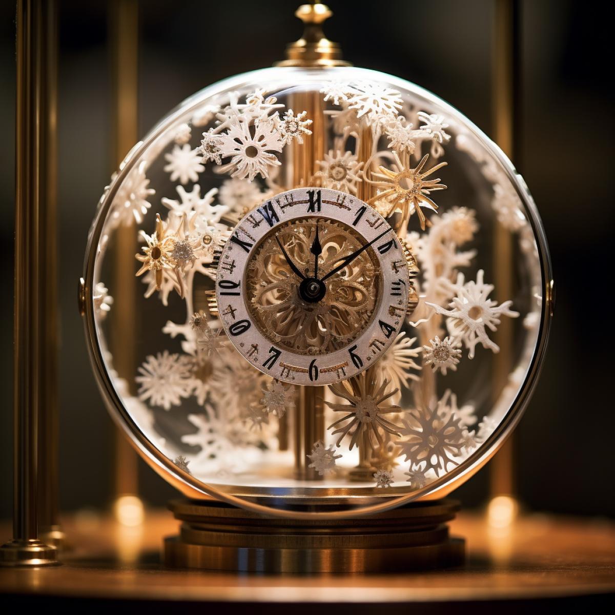 At a whimsical clockmakers atelier, miniature clocks come alive, their hands intricately crafting ethereal snowflakes with each tick. The air is filled with the soft hum of ticking mechanisms, and as each clock completes its magical creation, a symphony of chimes celebrates the birth of another bewitching snowflake.