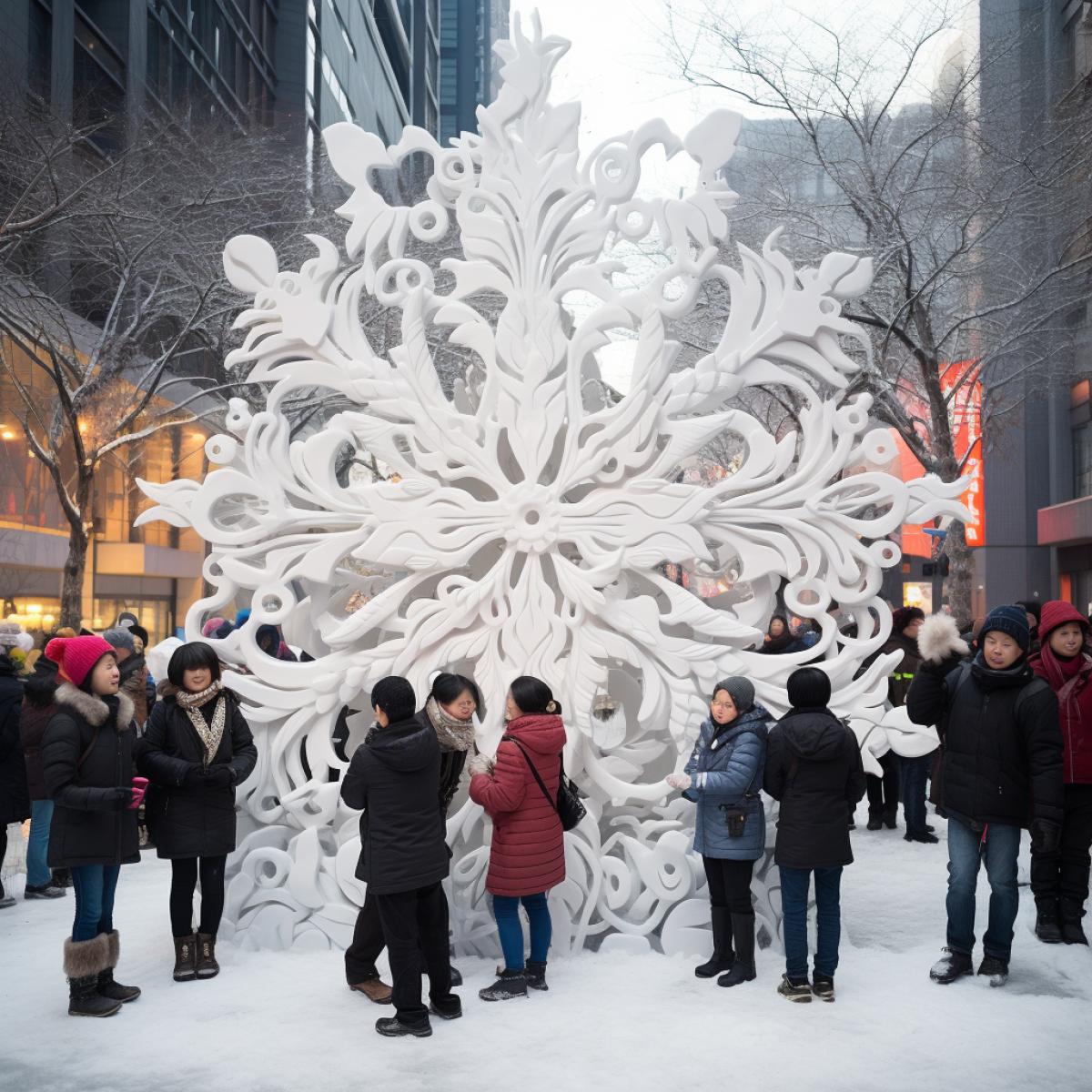 On a ling city street, people of diverse backgrounds and ages pause in their daily activities to witness an extraordinary phenomenon – a vibrant parade of larger-than-life snowflake sculptures, each intricately carved with scenes of unity and connection. Amidst the crowd, a variety of urban animals, from pigeons to stray cats, observe the awe-inspiring spectacle, creating a magical intersection of humanity and nature.