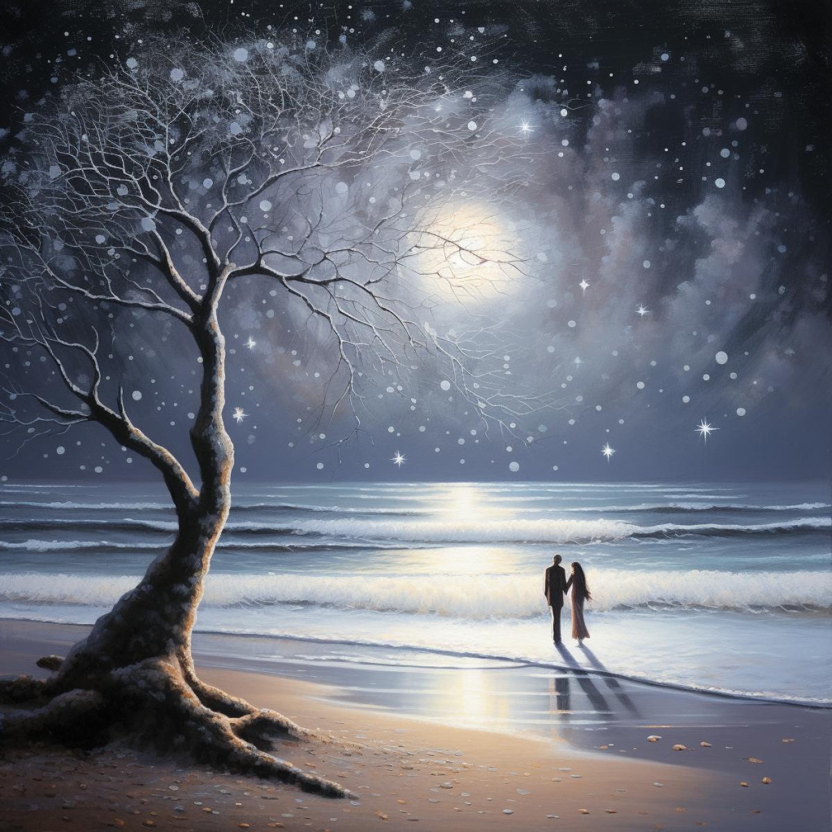 On a moonlit beach, a couple strolls along the shoreline, their footprints marking the snowy canvas. Above them, a swirling dance of luminescent snowflakes takes shape, illuminating their path with a celestial glow. The couple, hand in hand, becomes part of the mesmerizing choreography of love and winters magic.