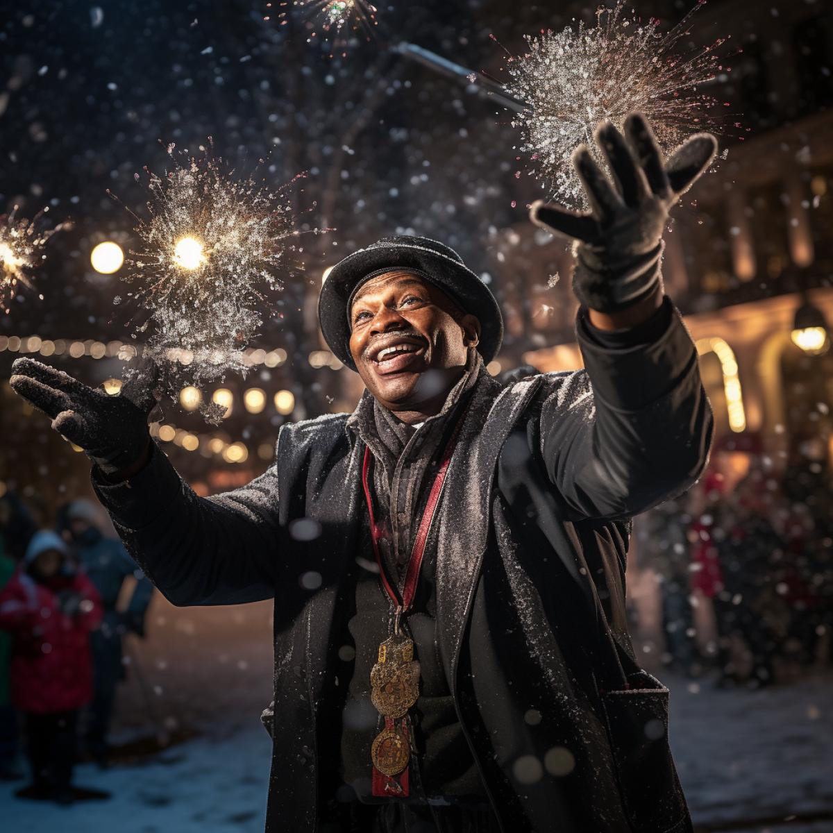 In a ling city square, street performers captivate a diverse audience with a dazzling display of snowflake juggling. The performers dirtfully toss oversized, glowing snowflakes through the crisp winter air, creating a spellbinding spectacle. Spectators, from children to elders, join in the collective awe, turning the cityscape into a canvas of shared wonder.