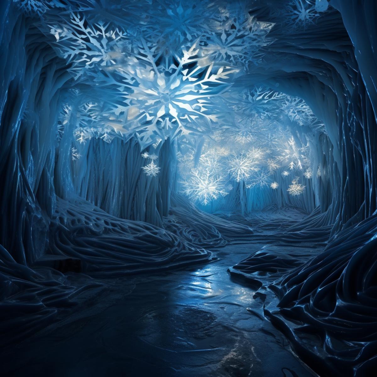 In a hidden ice cavern, bioluminescent organisms radiate a soft glow, forming the intricate shapes of mesmerizing snowflakes. The subterranean world becomes a living canvas, as these glowing creations gently float, casting a captivating luminescence on the frozen walls and creating a mystical, subaqueous dance of light.