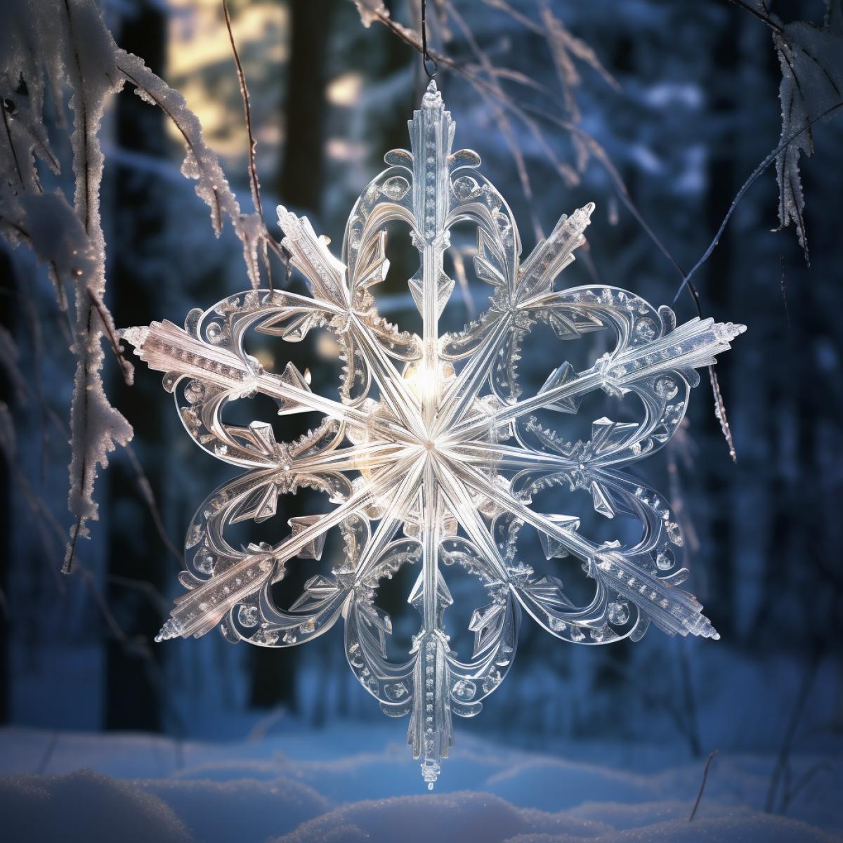 Under the soft glow of moonlight, a solitary snowflake rests on a windowpane, showcasing its intricate design against the dark night. The subtle play of shadows emphasizes the mesmerizing symmetry of the crystal. The tranquil scene captures the quiet magic of a winter night, where each snowflake becomes a tiny, bewitching sculpture in natures grand gallery.