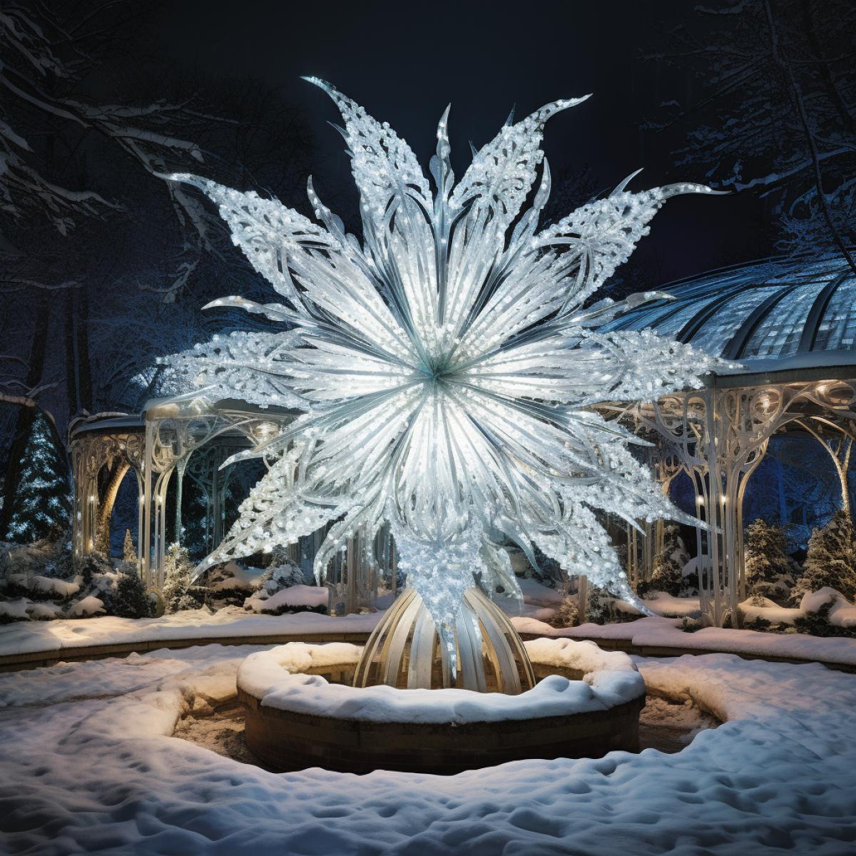 Within the confines of a snow-covered botanical garden, a spotlight illuminates a colossal snowflake, drawing visitors into its captivating allure. The crisp night air becomes a canvas for the intricate details of the snowflake, transforming the garden into a sanctuary of wonder, where natures artistry takes center stage.