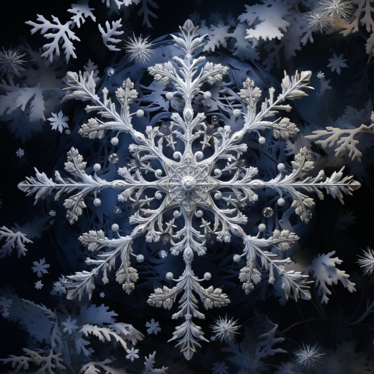 In the hush of a winters night, a single, oversized snowflake takes center stage, suspended against the backdrop of a velvet sky. Bathed in the soft moonlight, its intricate details become a mesmerizing tapestry of delicate beauty, capturing the essence of a silent, snow-kissed night.