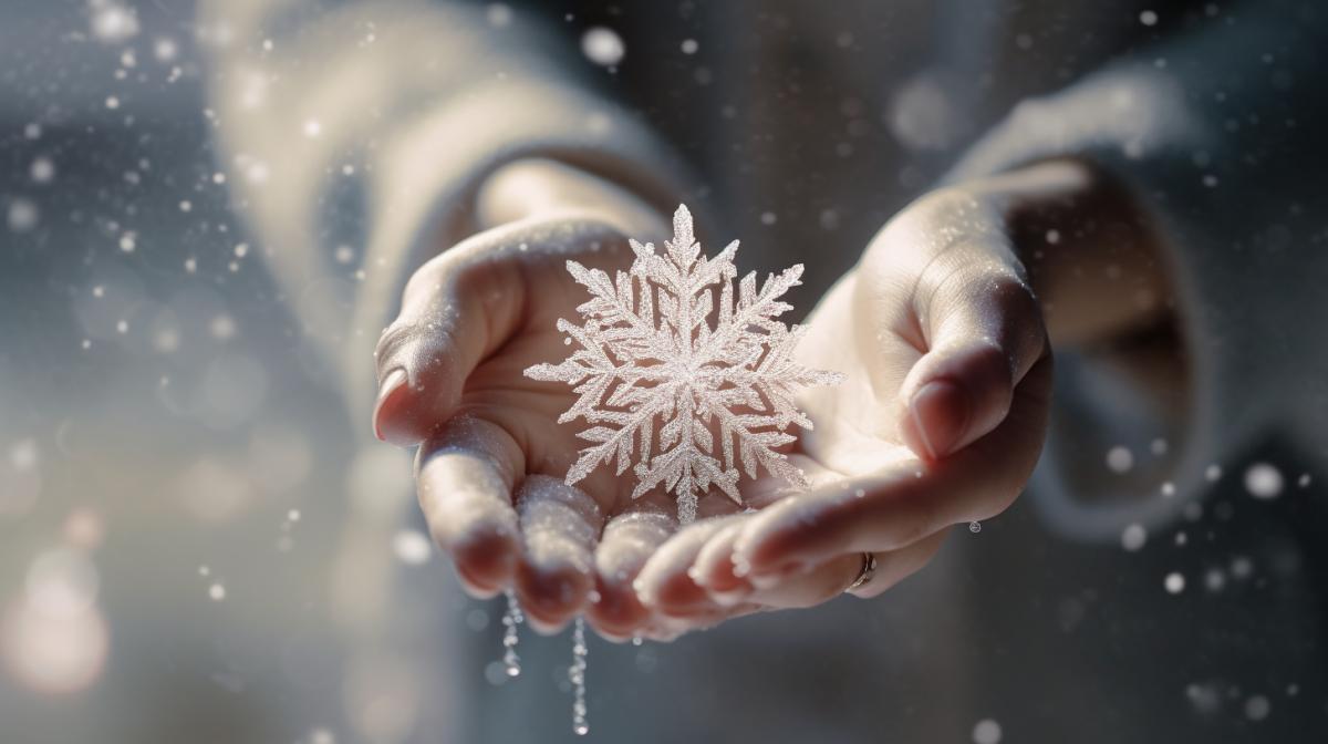 close-up, a tiny snowflake lies in the palm of your hand, intricate detail, elegant, angelcore
