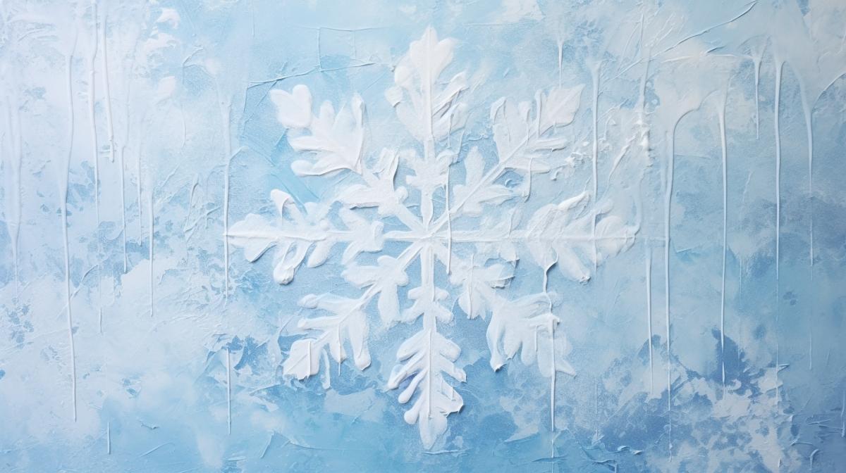 White snowflake, encaustic, dripping, wet paint, brush strokes, abstract, blue background