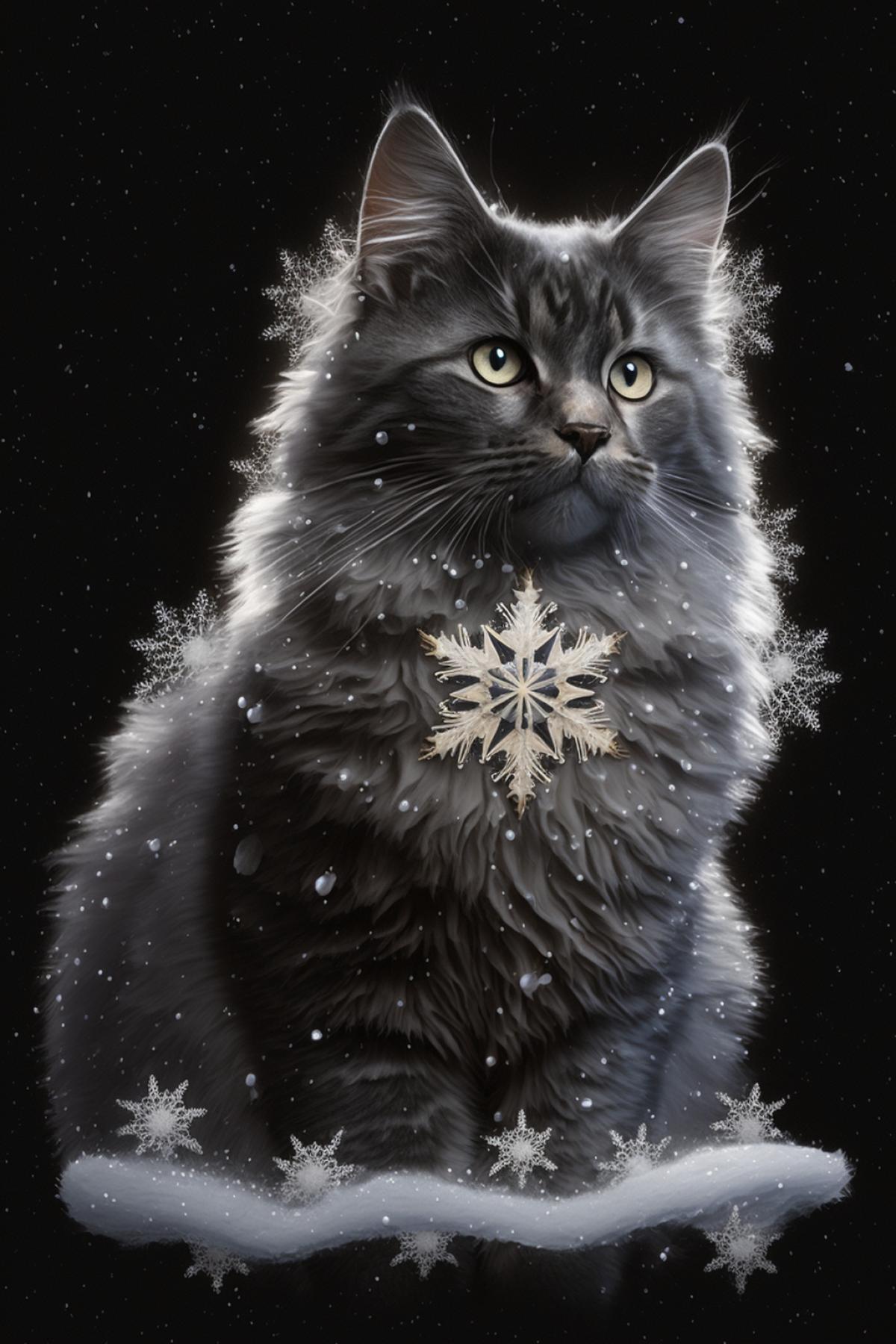 Realistic photo of a dark fluffy cat with a white spot on its detailed in the shape of a large six-pointed snowflake