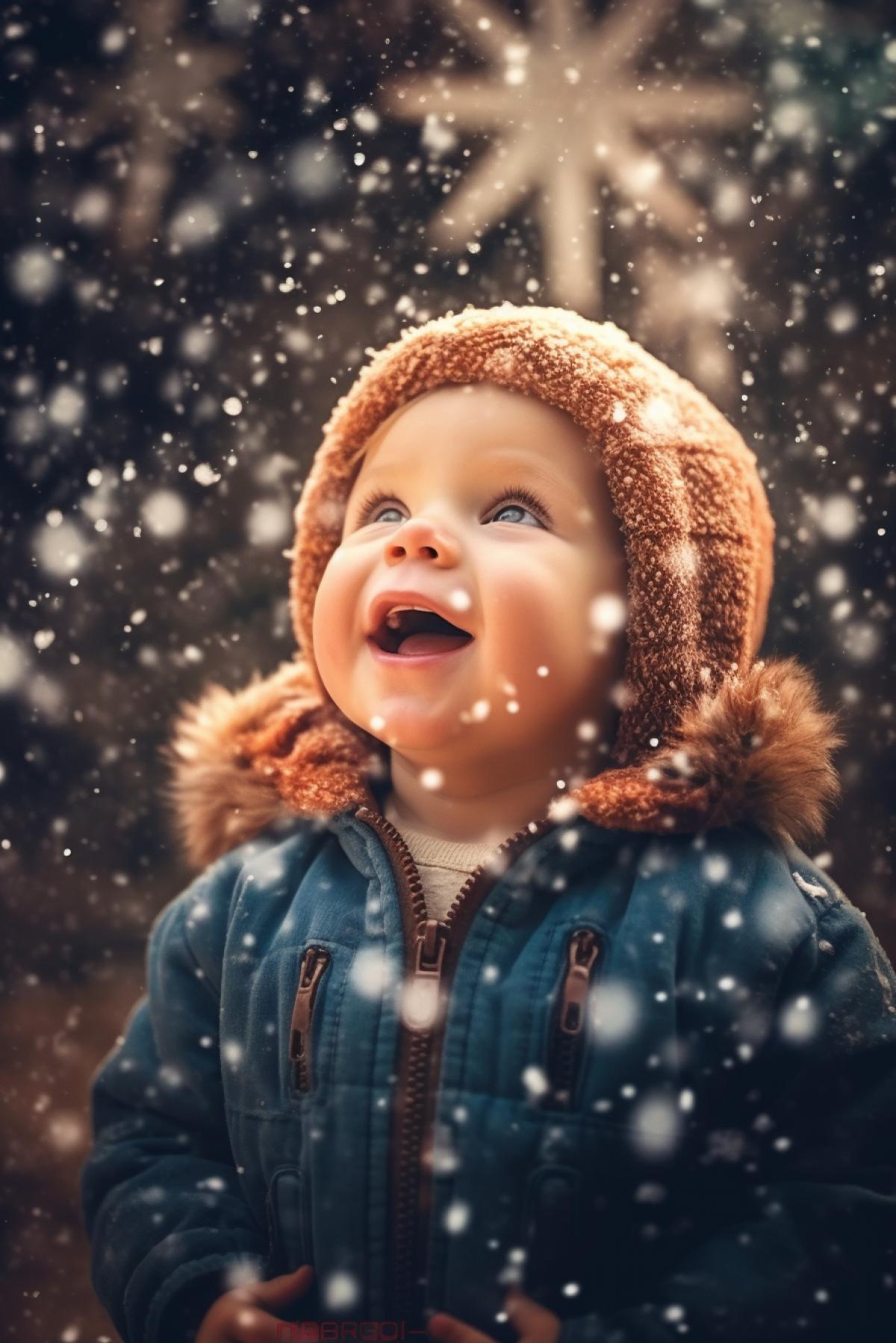 Little baby rejoices at snowflakes