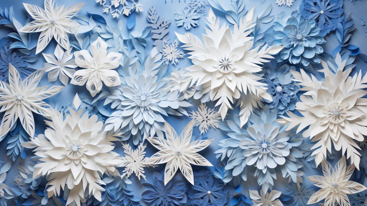 snowflakes, quilling paper color bas-relief style, layering, versatility, White and blue, intricate detail
