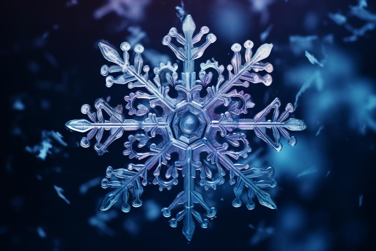 A visually stunning abstract representation of snowflake made of ice. Cold intense reflections, dynamically forming the shape of a snowflake. The snowflakes distinctive features are intricately detailed within the ice design. The ice have a mesmerizing, almost hypnotic quality, with bursts of blue, White, and Purple, creating a sense of powerful, ice energy. The background is dark, enhancing the dramatic and ice effect of the snowflake
