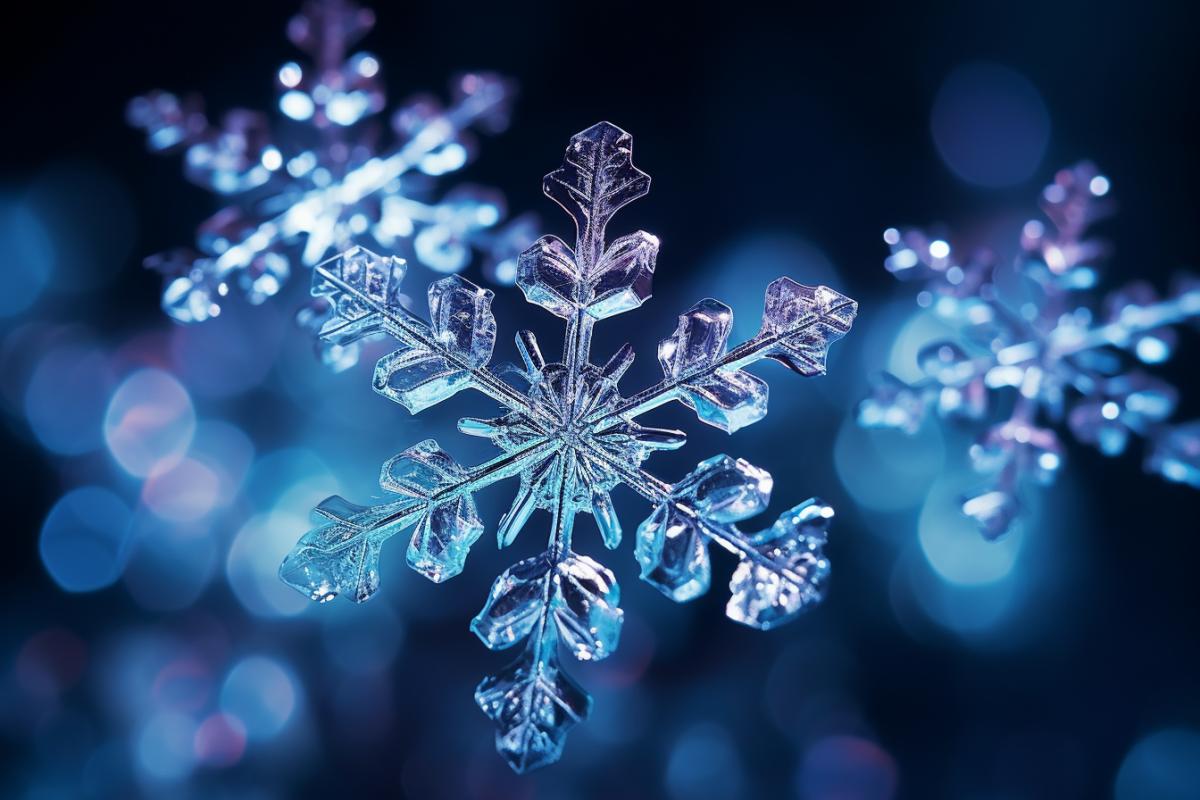 A visually stunning abstract representation of Falling snowflakes made of ice. Cold intense reflections, dynamically forming the shape of a snowflakes. The snowflakes distinctive features are intricately detailed within the ice design. The ice have a mesmerizing, almost hypnotic quality, with bursts of blue, White, and Purple, creating a sense of powerful, ice energy. The background is dark, enhancing the dramatic and ice effect of the snowflakes