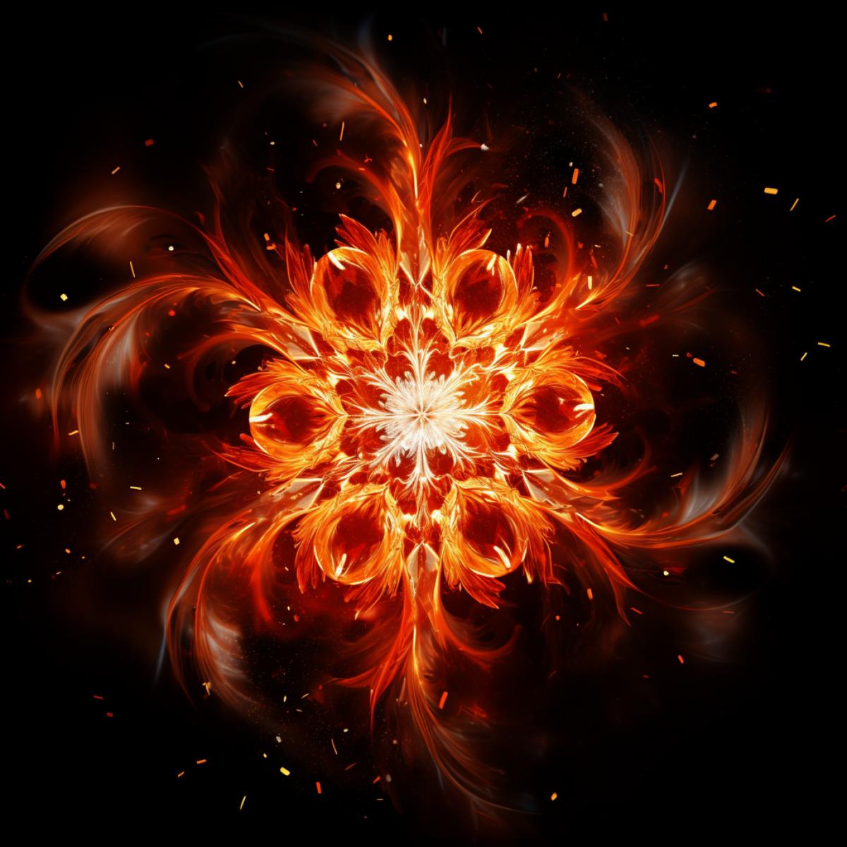 A visually stunning abstract representation of snowflake made of fire. The flames are vivid, bright, and intense, dynamically forming the shape of a snowflake. The snowflakes distinctive features are intricately detailed within the fiery design. The flames have a mesmerizing, almost hypnotic quality, with bursts of red, orange, and yellow, creating a sense of powerful, fiery energy. The background is dark, enhancing the dramatic and fiery effect of the snowflake